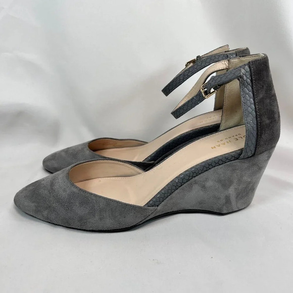 Cole Haan Grand OS Lara Size 9.5 Suede Wedge Heels Ankle Strap Snakeskin Gray - Picture 8 of 11